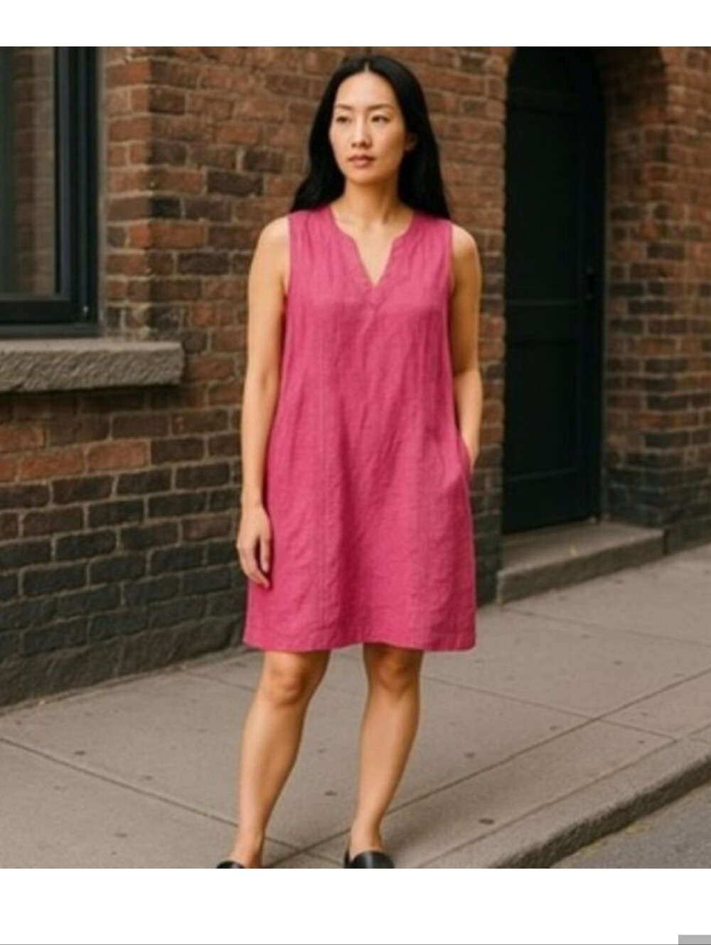 Sleeveless Pink V-Neck Linen Dress